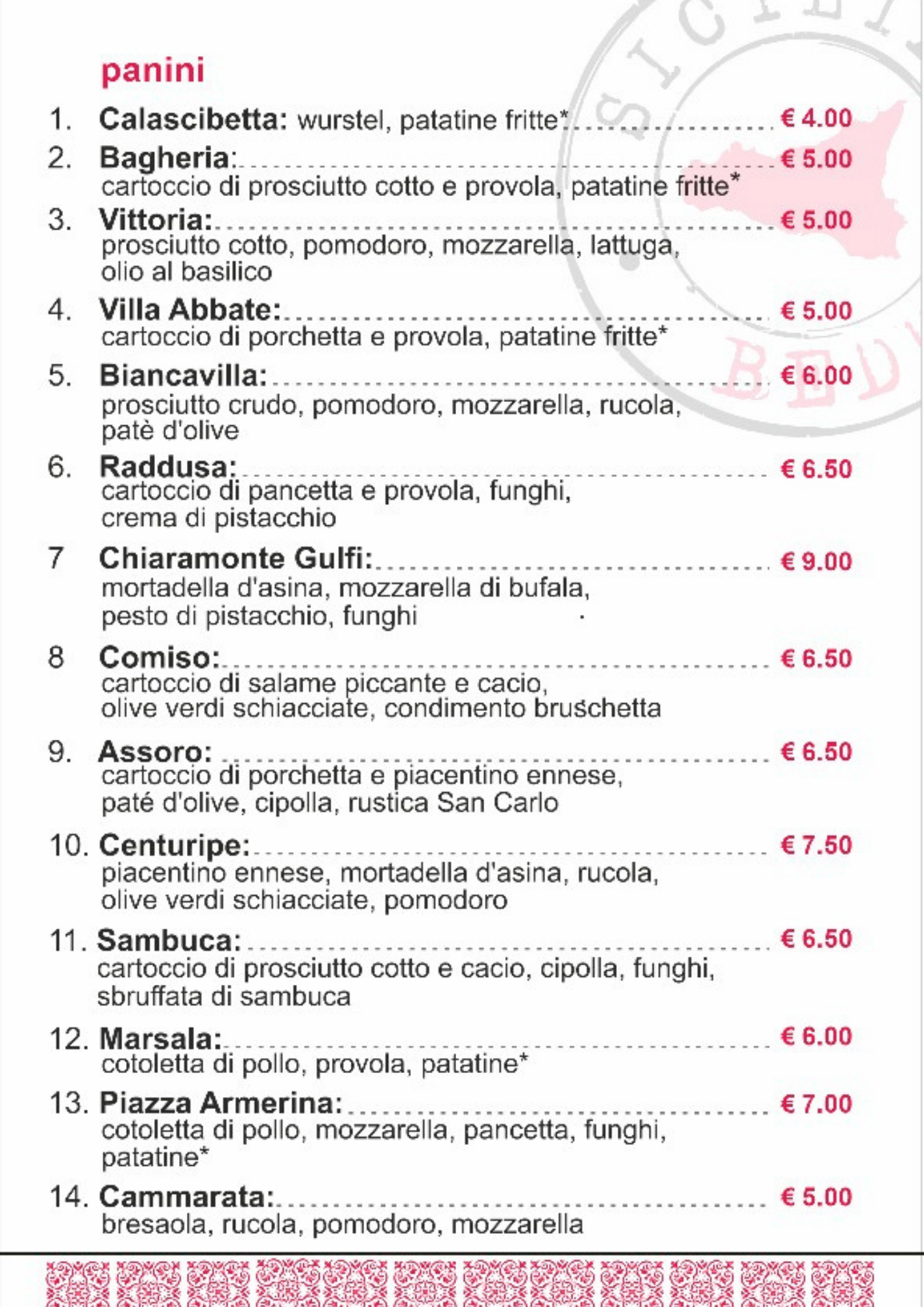 Menu Panini Sicilia Bedda - Panineria Sicilia Bedda Marina di Ragusa