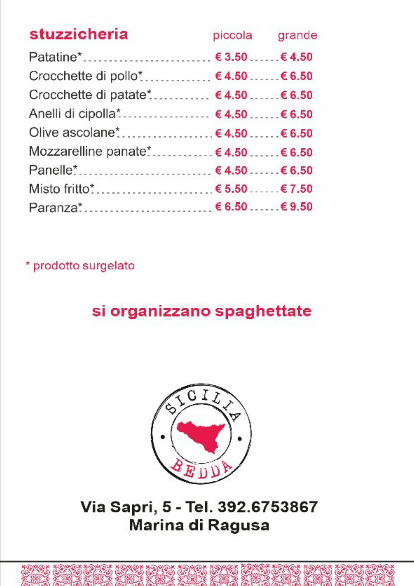 Menu Panini Sicilia Bedda - Panineria Sicilia Bedda Marina di Ragusa